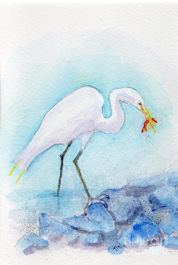 Great White Egret Painting - Great White Egret fishing #1 by Doris Blessington