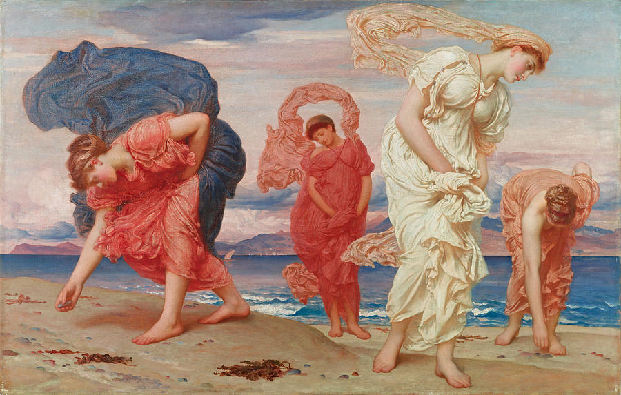 Greek Girls picking up Pebbles by the Sea #1 Painting by Frederic Leighton