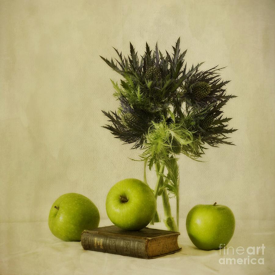 Green Apples And Blue Thistles #1 Photograph by Priska Wettstein