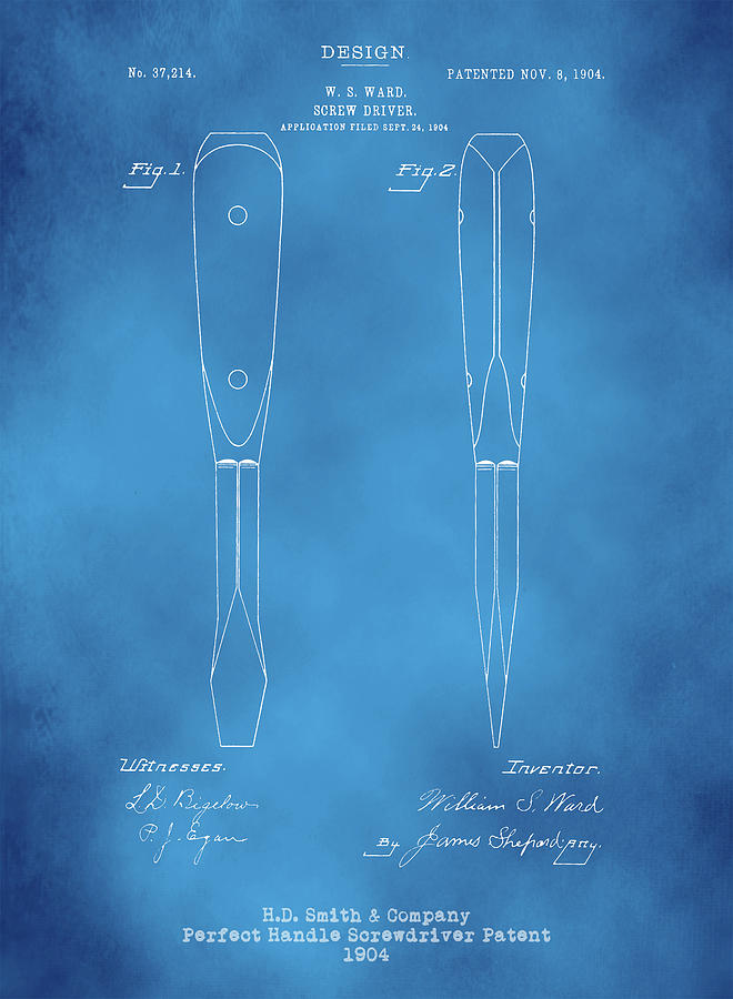 H. D. Smith Perfect Handle Screwdriver patent white on blue #1 Digital Art by David Smith
