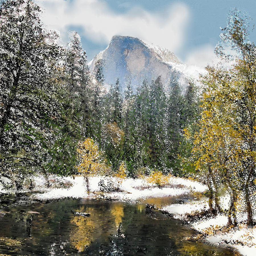 Half Dome and the Merced River After a Snowfall  #2 Digital Art by Susan Eileen Evans