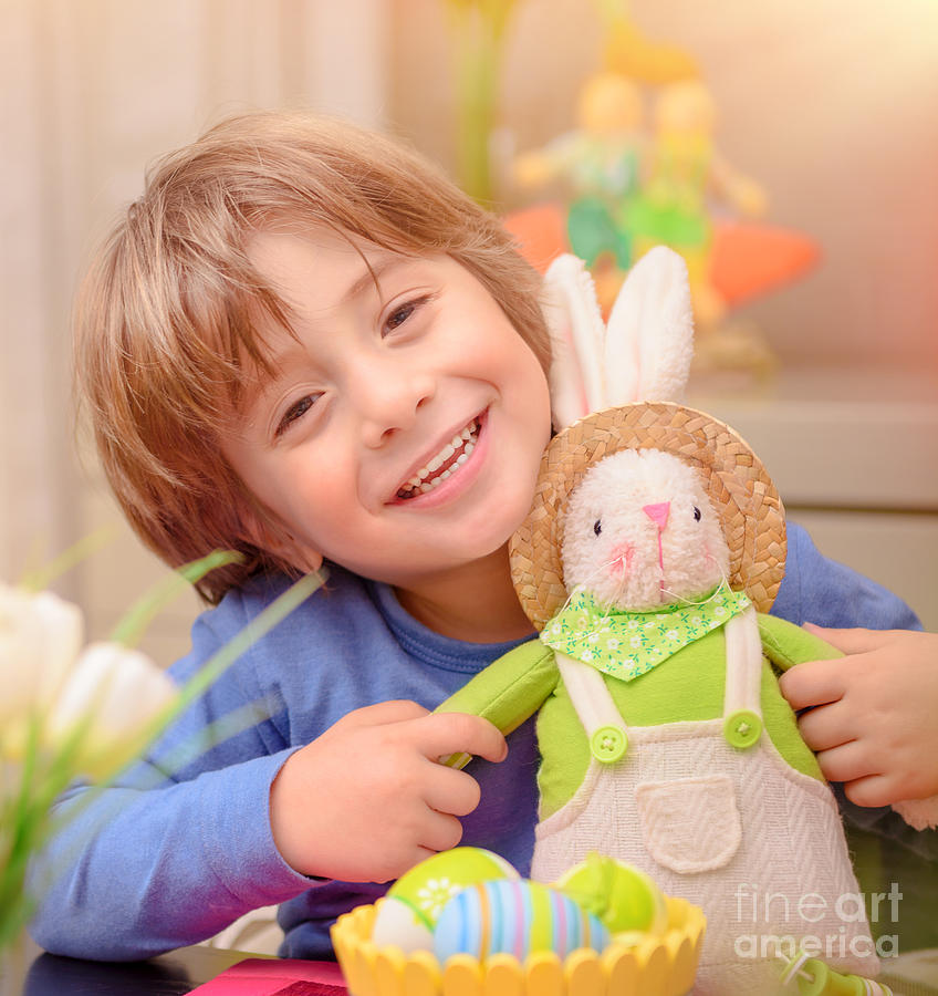 Happy boy with Easter bunny #1 Photograph by Anna Om