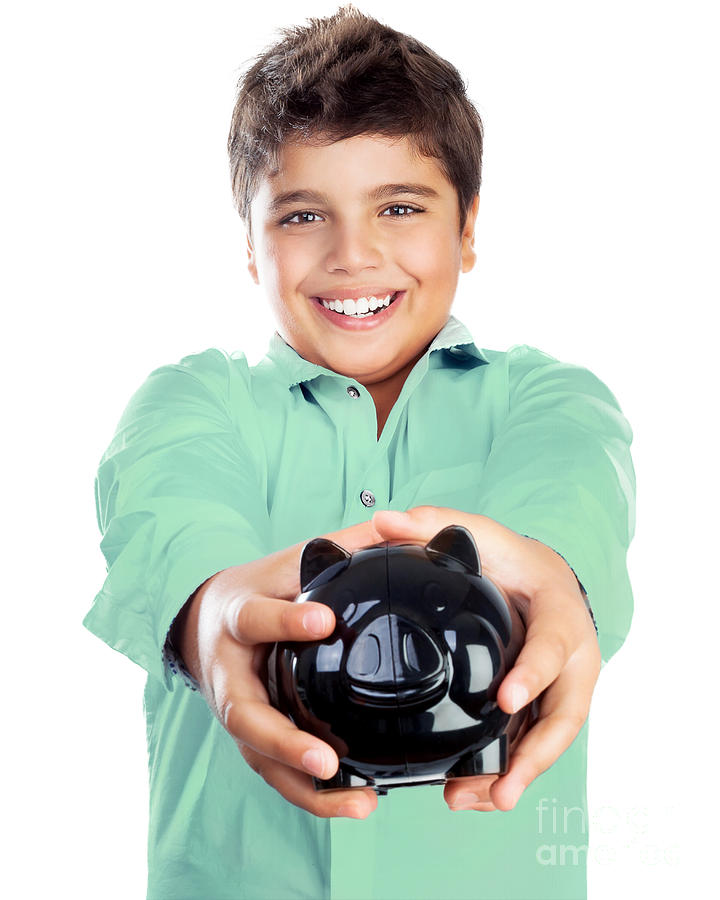 Happy boy with piggy bank #1 Photograph by Anna Om