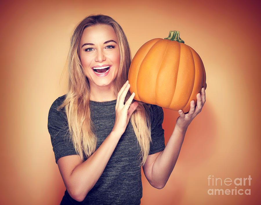 Happy woman with pumpkin #1 Photograph by Anna Om