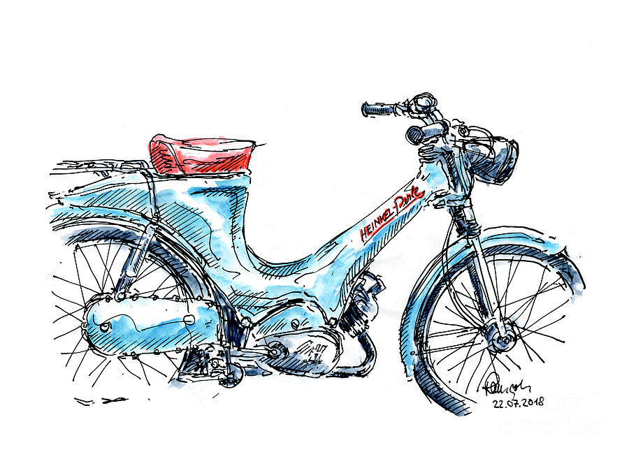 Heinkel Perle Classic Moped Ink Drawing and Watercolor Drawing by Frank