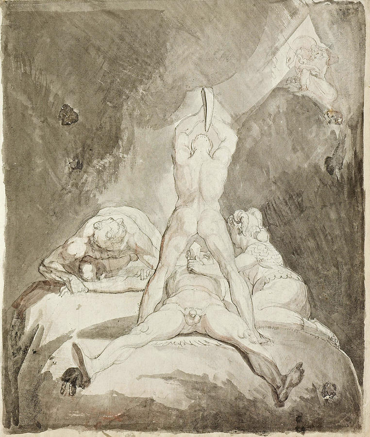 Hephaestus Bia and Crato Securing Prometheus on Mount Caucasus #2 Drawing by Henry Fuseli