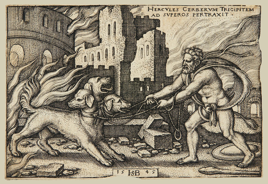 Hercules capturing Cerberus #2 Drawing by Sebald Beham