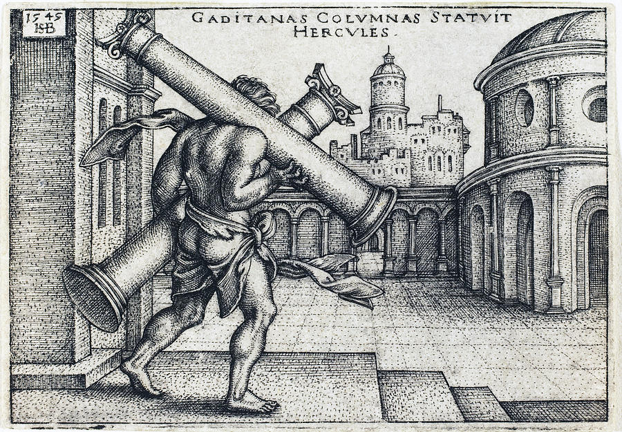 Hercules Carrying the Columns of Gaza #1 Drawing by Sebald Beham