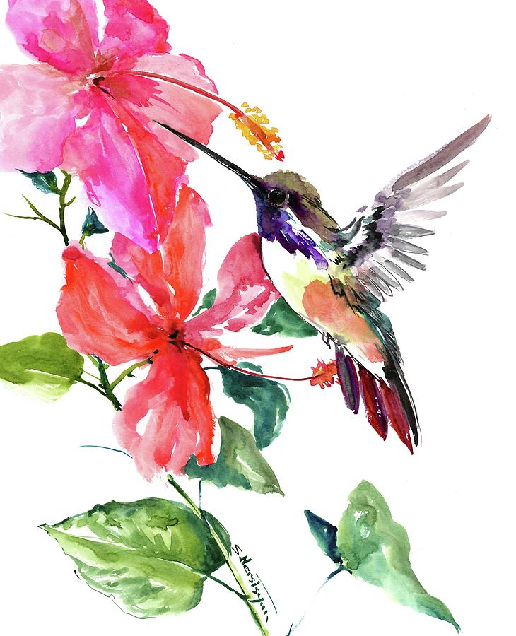 Hibiscus and Hummingbird #1 Painting by Suren Nersisyan
