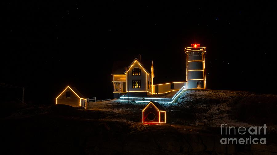 Holiday lights at Cape Neddick/Nubble Light. #2 Photograph by New England Photography