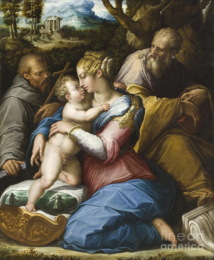Holy Family with Saint Francis in a Landscape #1 Painting by Celestial Images