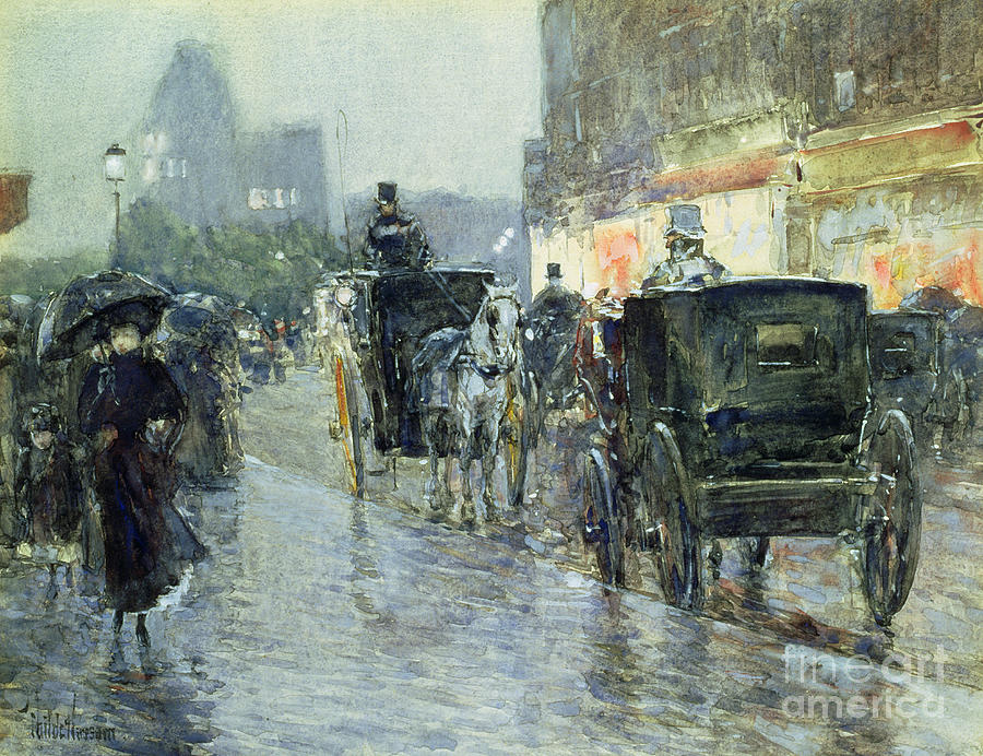Horse Drawn Cabs at Evening in New York Painting by Childe Hassam