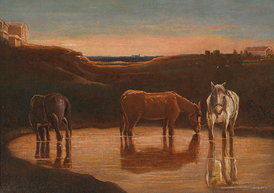 Horses at the Ford #2 Painting by Giovanni Segantini