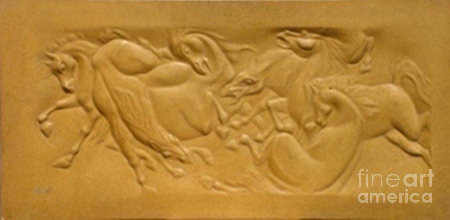 Horses Fight #1 Relief by Wall sculpture artist Ahmed Shalaby