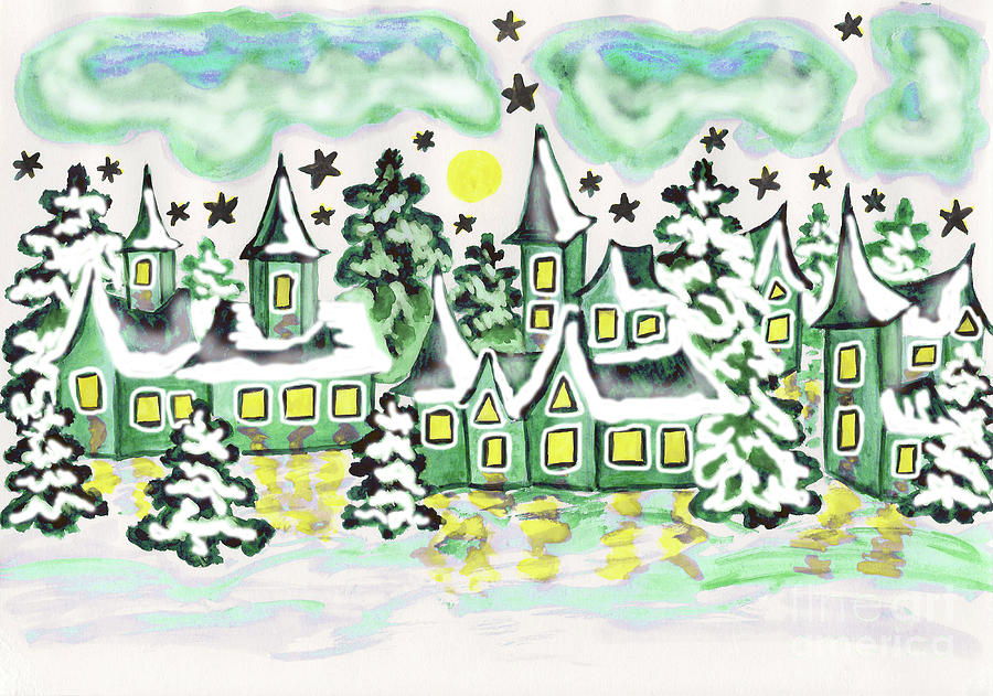 Houses in green colours, painting #1 Painting by Irina Afonskaya