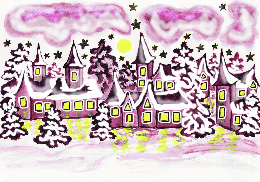 Houses in violet colours, painting #1 Painting by Irina Afonskaya