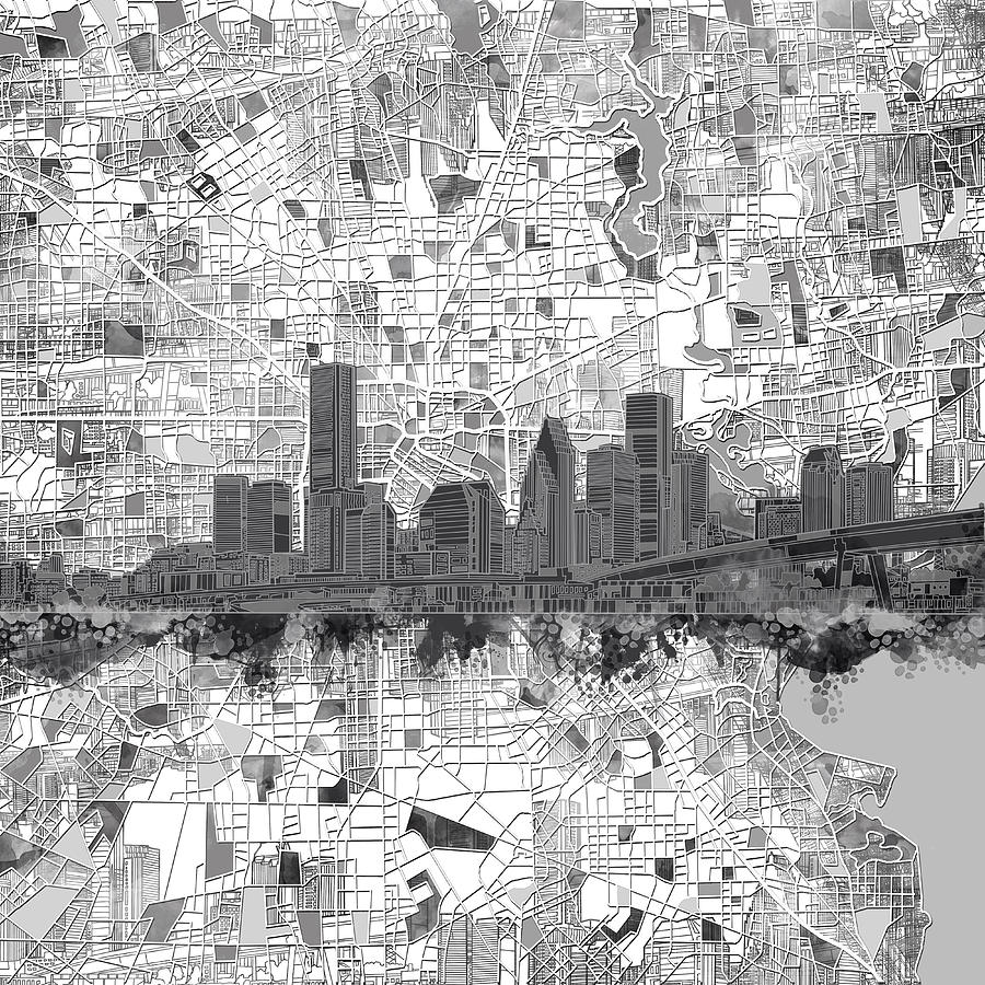 Houston Skyline Map 5 #1 Painting by Bekim M