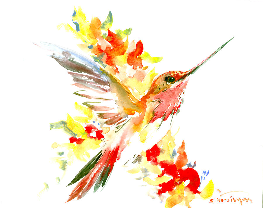 Hummingbird and Flame Colored Flowers #1 Painting by Suren Nersisyan