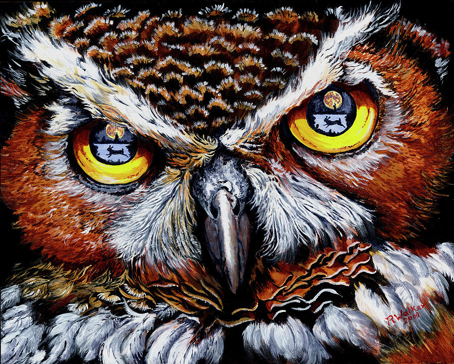 Owl Painting - Hunters Moon by Robert M Walker