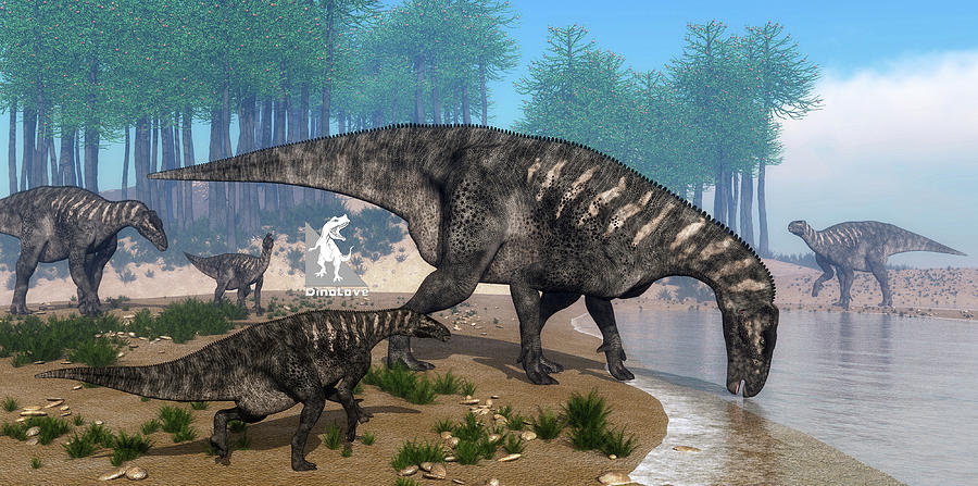 Prehistoric Digital Art - Iguanodon dinosaurs herd at the shoreline - 3D render #1 by Elenarts - Elena Duvernay Digital Art