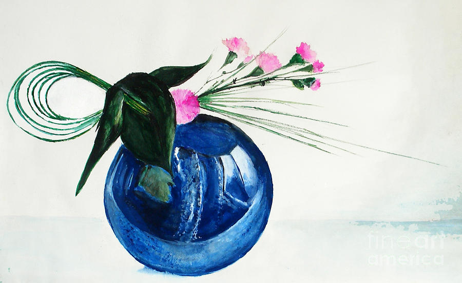 Flower Painting - Ikebana in Blue #1 by Sibby S