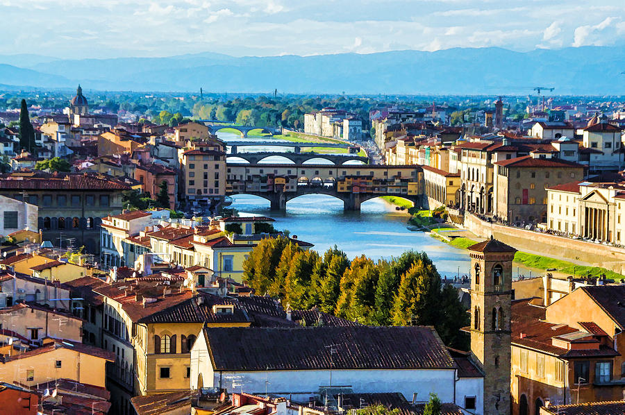 Impressions Of Florence - Arno River And The Bridges From Above Digital Art by Georgia Mizuleva