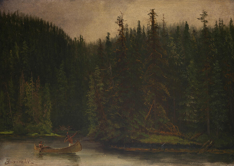 Indian Hunters in Canoe, by 1902 Painting by Albert Bierstadt