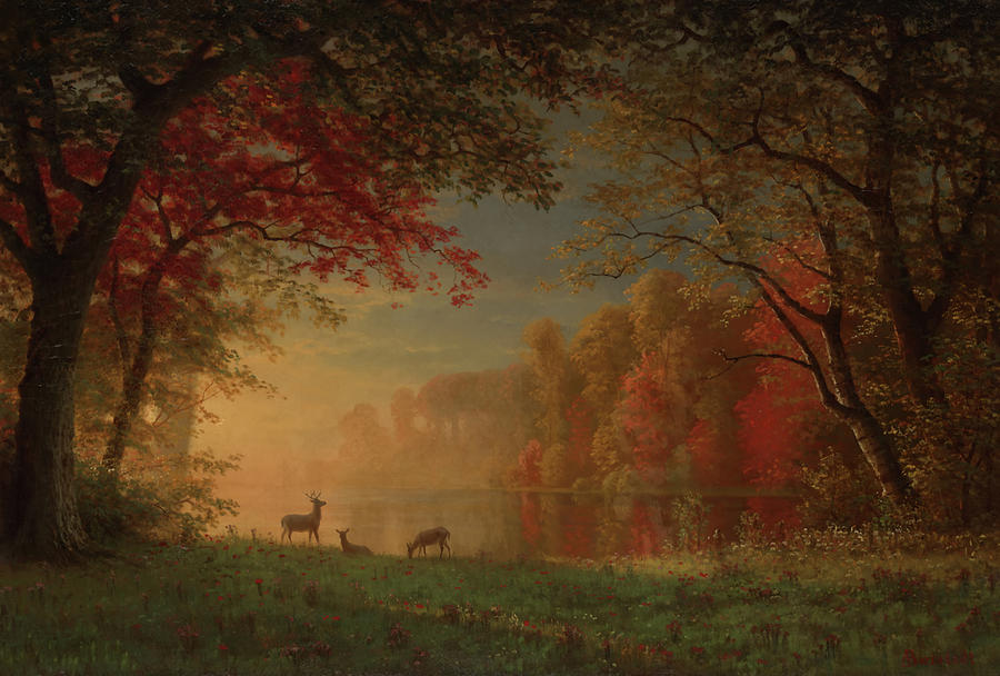 Vintage Painting - Indian Sunset - Deer By A Lake #1 by Mountain Dreams