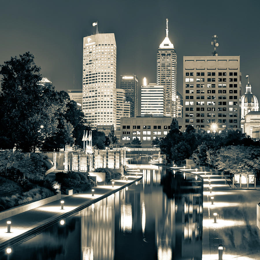 Indianapolis Indiana Skyline and Canal Walk at Night 1x1 Photograph by Gregory Ballos