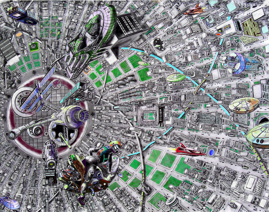 Landscape Drawing - Inside Orbital City #1 by Murphy Elliott