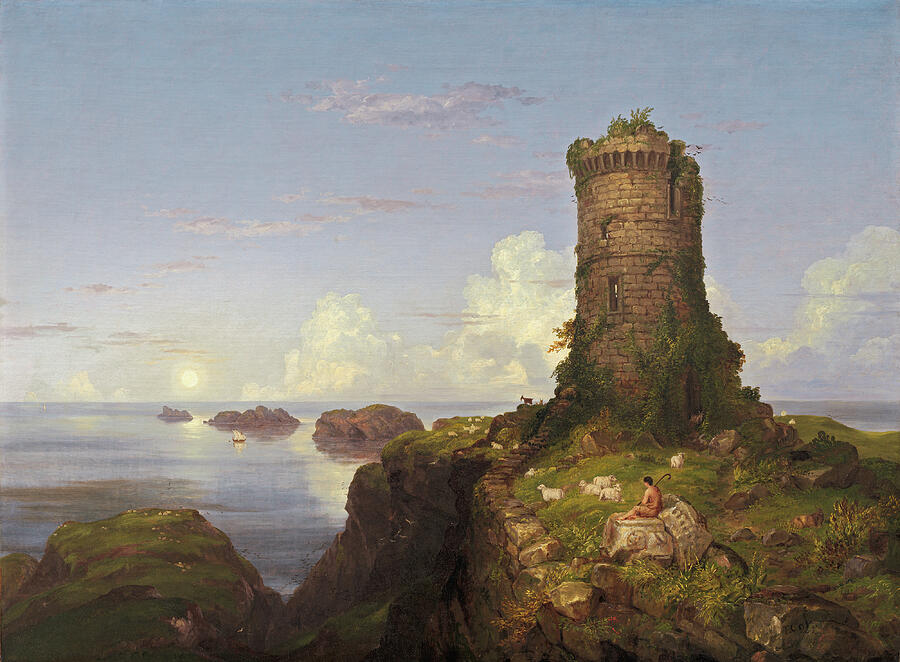 Italian Coast Scene with Ruined Tower, from 1838 Painting by Thomas Cole