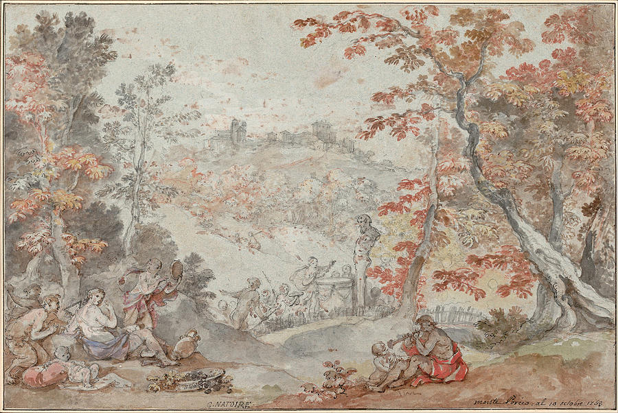 Italian Fall Landscape with Monte Porzio and an Offering to Pan #2 Drawing by Charles-Joseph Natoire