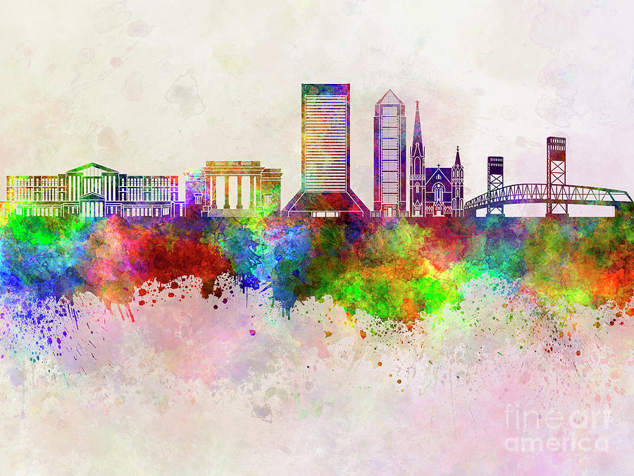 Jacksonville skyline in watercolor background 1 by Pablo Romero