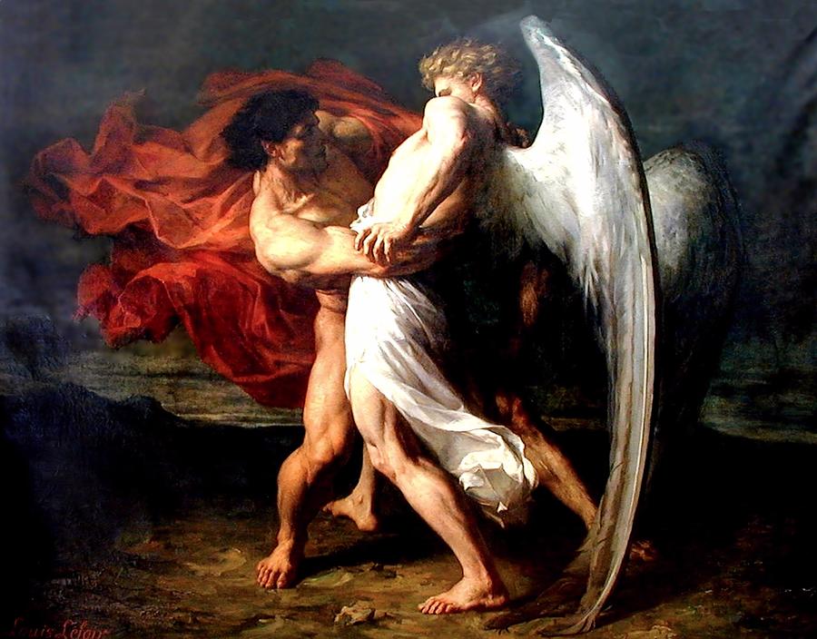 Jacob Wrestling With The Angel #1 Painting by Alexander Louis Leloir