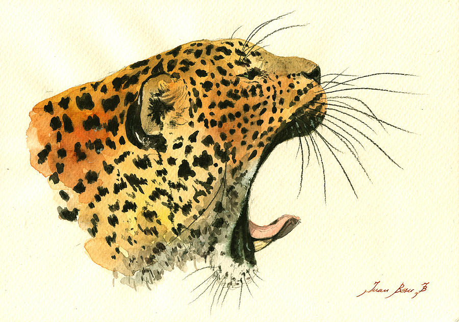 Leopard Decor Painting - Jaguar head painting watercolor #1 by Juan  Bosco