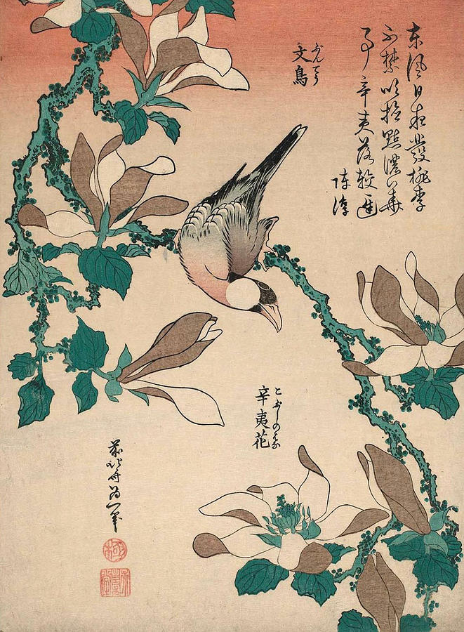 Hokusai Painting - Java Sparrow on Magnolia #1 by Katsushika Hokusai