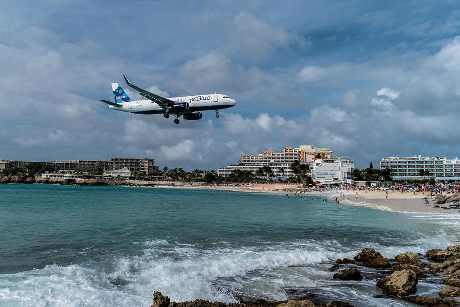 Sunset Photograph - jetBlue landing at St. Maarten #1 by David Gleeson