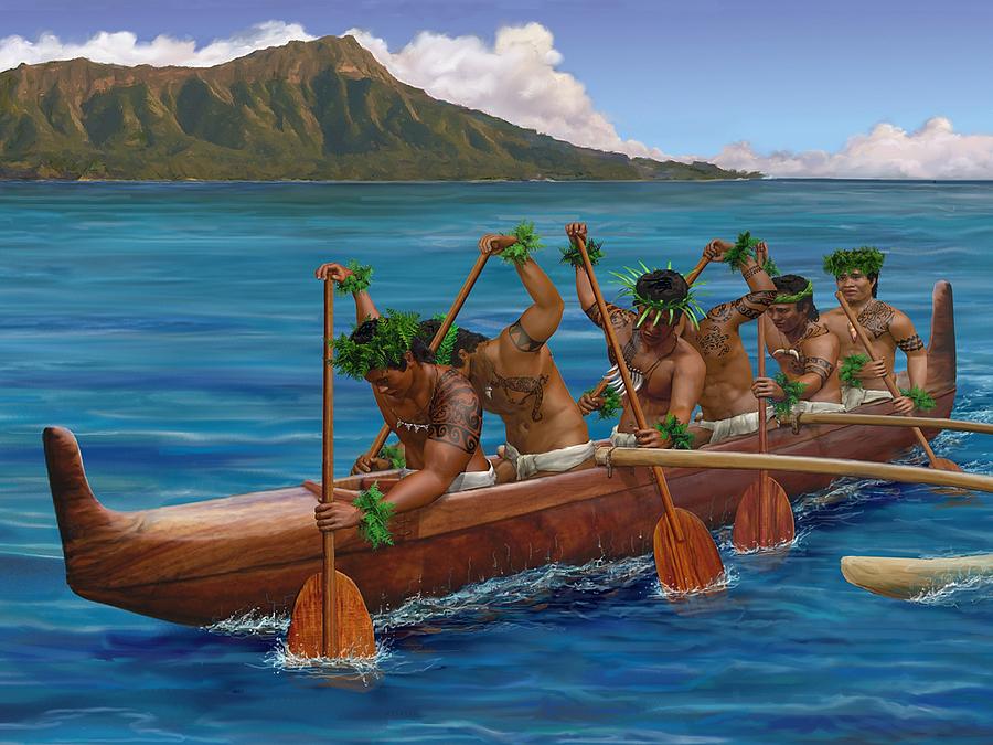 Kane Hawaiian Canoe Paddlers Painting by Stephen Jorgensen