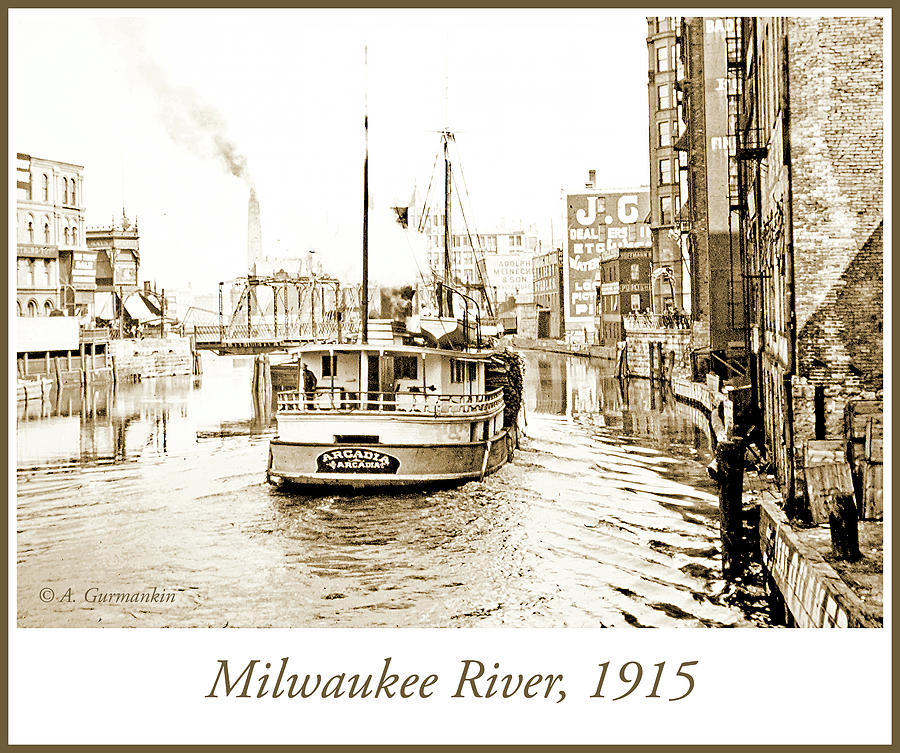 Kilbourn Avenue Bridge, Shipping Vessel, Milwaukee River, c.1915 #1 Photograph by A Macarthur Gurmankin