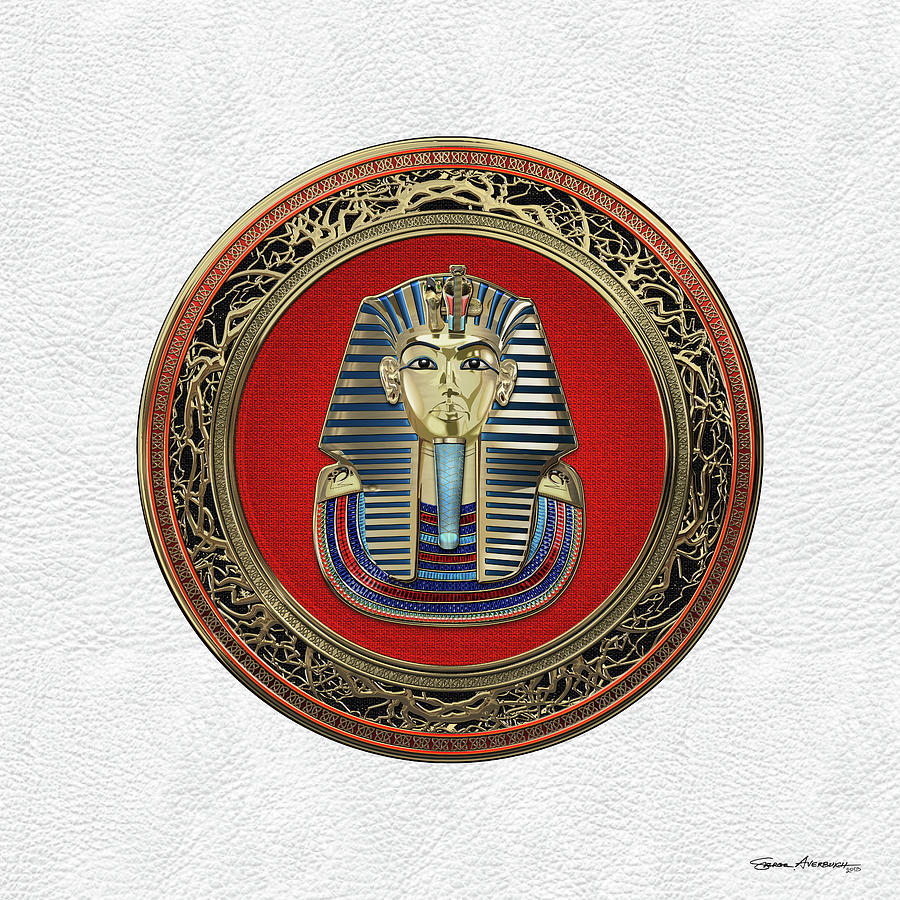 King Tut -Tutankhamuns Gold Death Mask over White Leather #1 Digital Art by Serge Averbukh