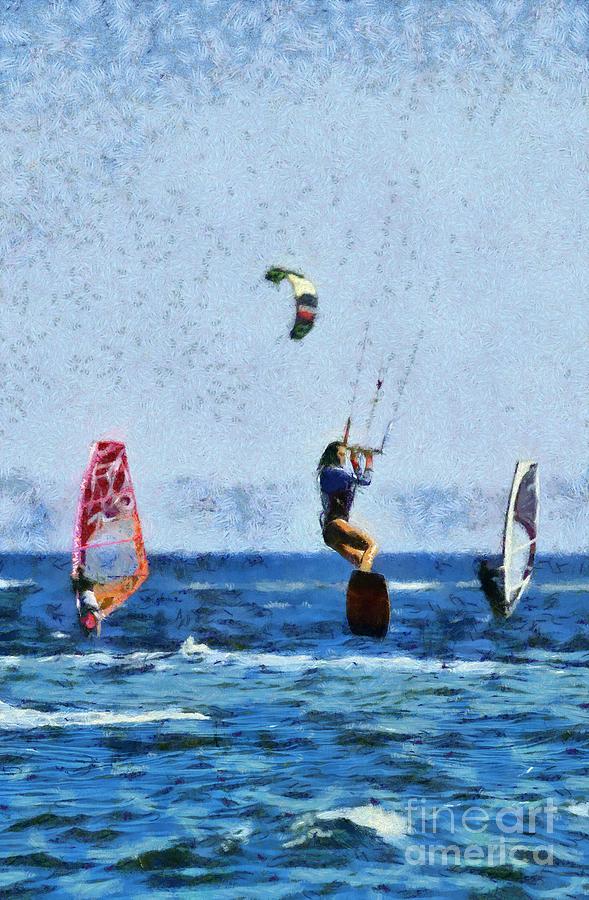 Kite surfing and windsurfing #1 Painting by George Atsametakis