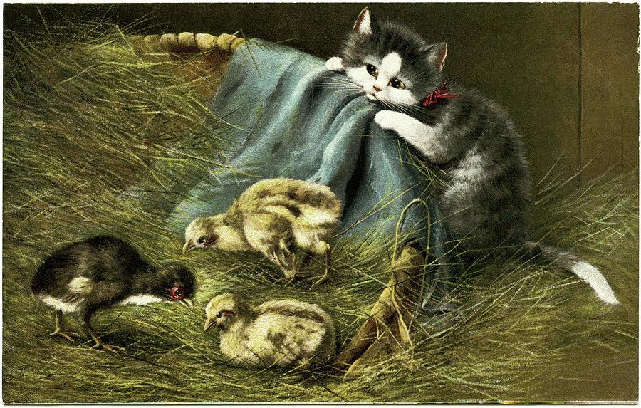Cat Painting - Kitten Peeking in on Chicks #1 by MotionAge Designs