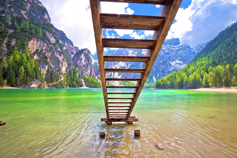Lago di Braies turquoise water and Dolomites Alps view #1 Photograph by Brch Photography
