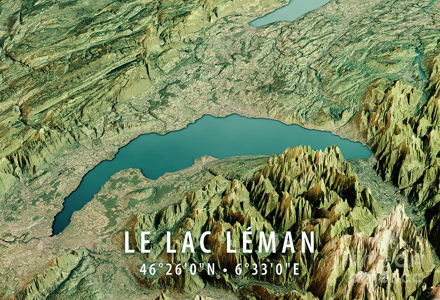 Map Digital Art - Lake Geneva 3D Render Satellite View Topographic Map Horizontal #1 by Frank Ramspott