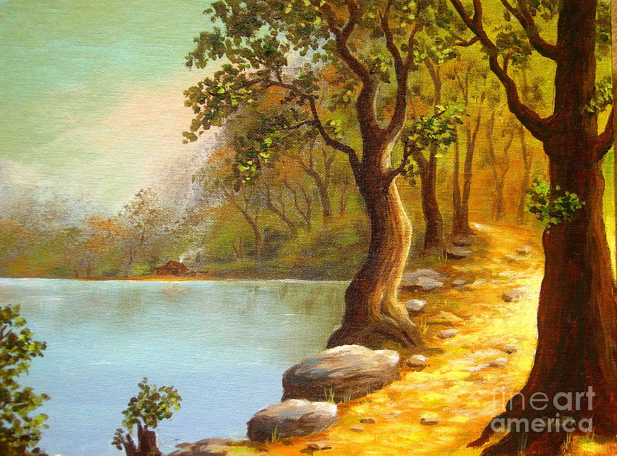 Sunset Painting - Lakeside Path #1 by Shasta Eone