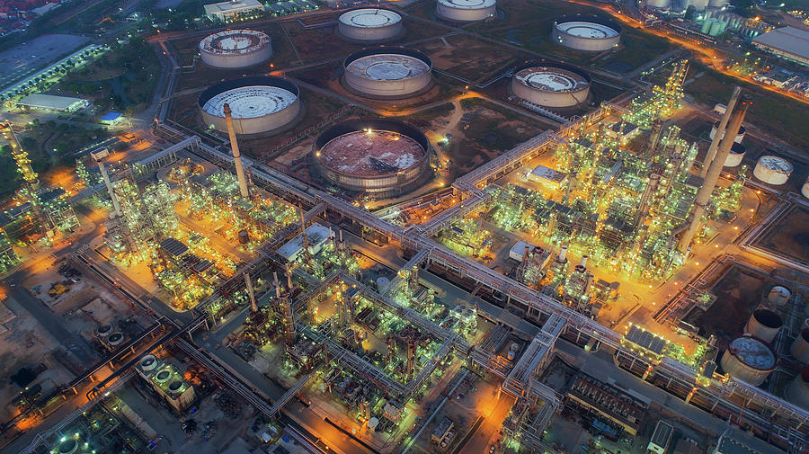 Land scape of Oil refinery plant from bird eye view on night #1 Photograph by Anek Suwannaphoom
