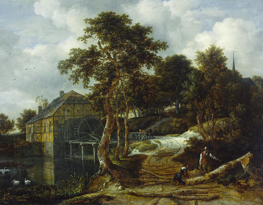 Animal Painting - Landscape with watermill #1 by Jacob van Ruisdael