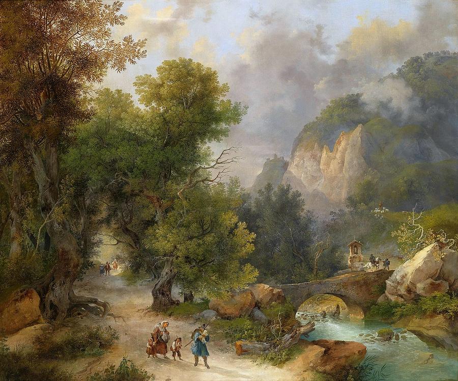 Large Mountain Landscape With Farmers Returning Home Painting