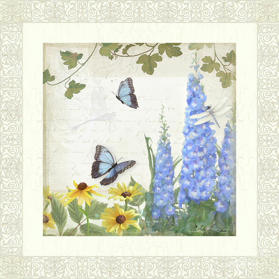 Le Petit Jardin 1 - Garden Floral w Butterflies, Dragonflies, Daisies and Delphinium #1 Painting by Audrey Jeanne Roberts