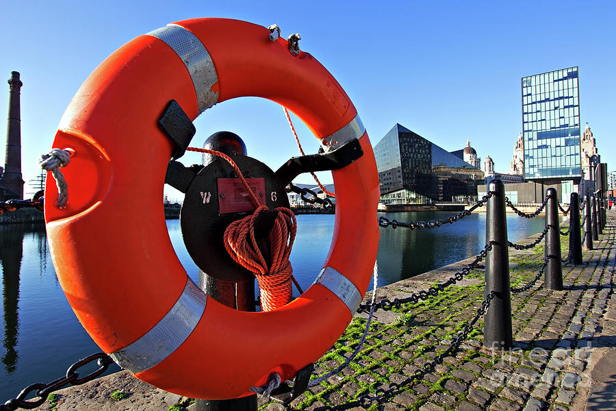Architecture Photograph - Lifebelt next to Salthouse Dock on the Liverpool waterfront #1 by Ken Biggs